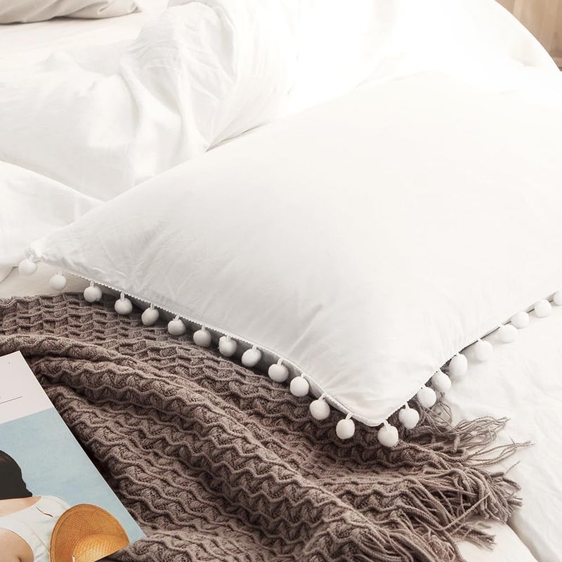 MOVE OVER White Pillowcases, Pom Poms Fringe Pillowcases, Pure White Boho Chic Pillow Shams, Ultra Soft Washed Microfiber 2 Pack Pillow Cover (King, White) - Image 1